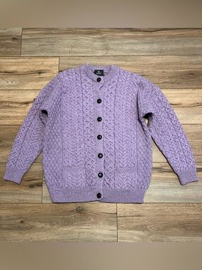 Aran Woollen Mills Cable Knit Cardigan Sweater LARGE Lavender Irish Merino Wool